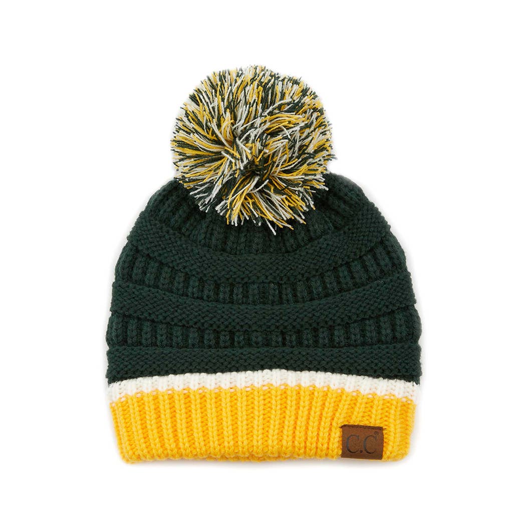 Colorblock Ribbed Beanie with Pom Pom