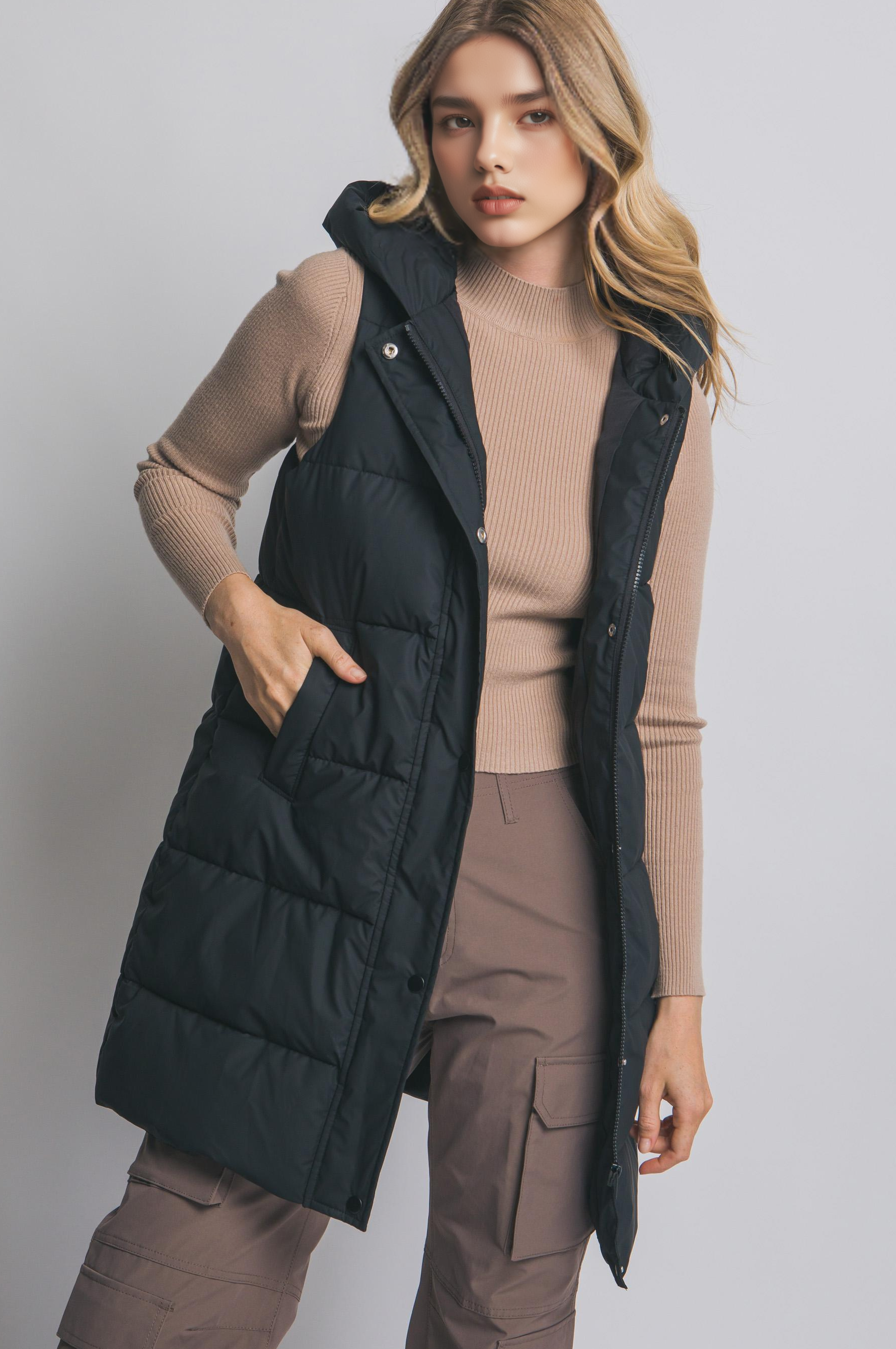 Hooded Long Quilted Puffer Vest