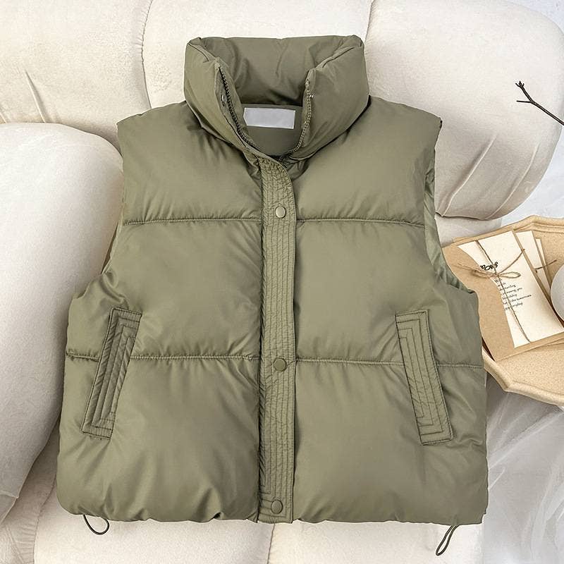 Snap Button Zip Up High Neck Pocket Puffer Vest