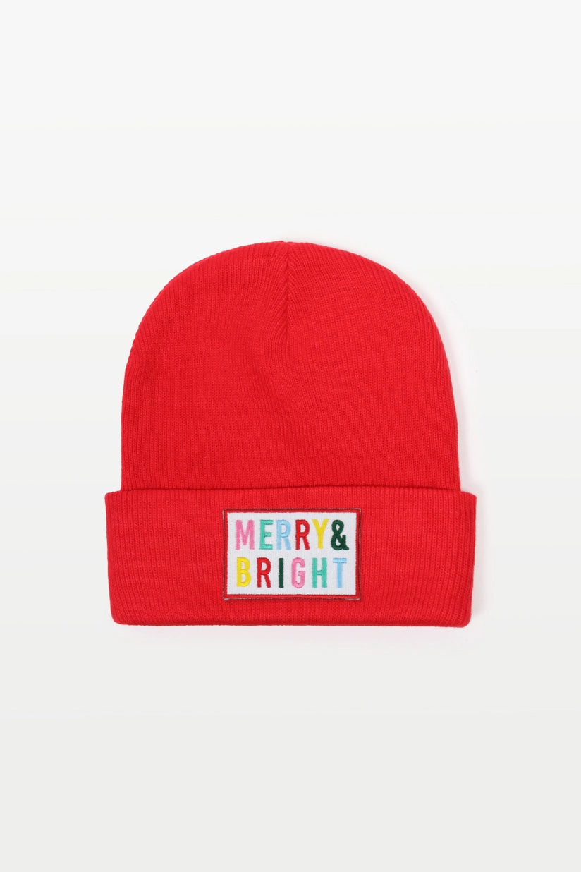 Merry & Bright Embroidery Patch Christmas Beanie