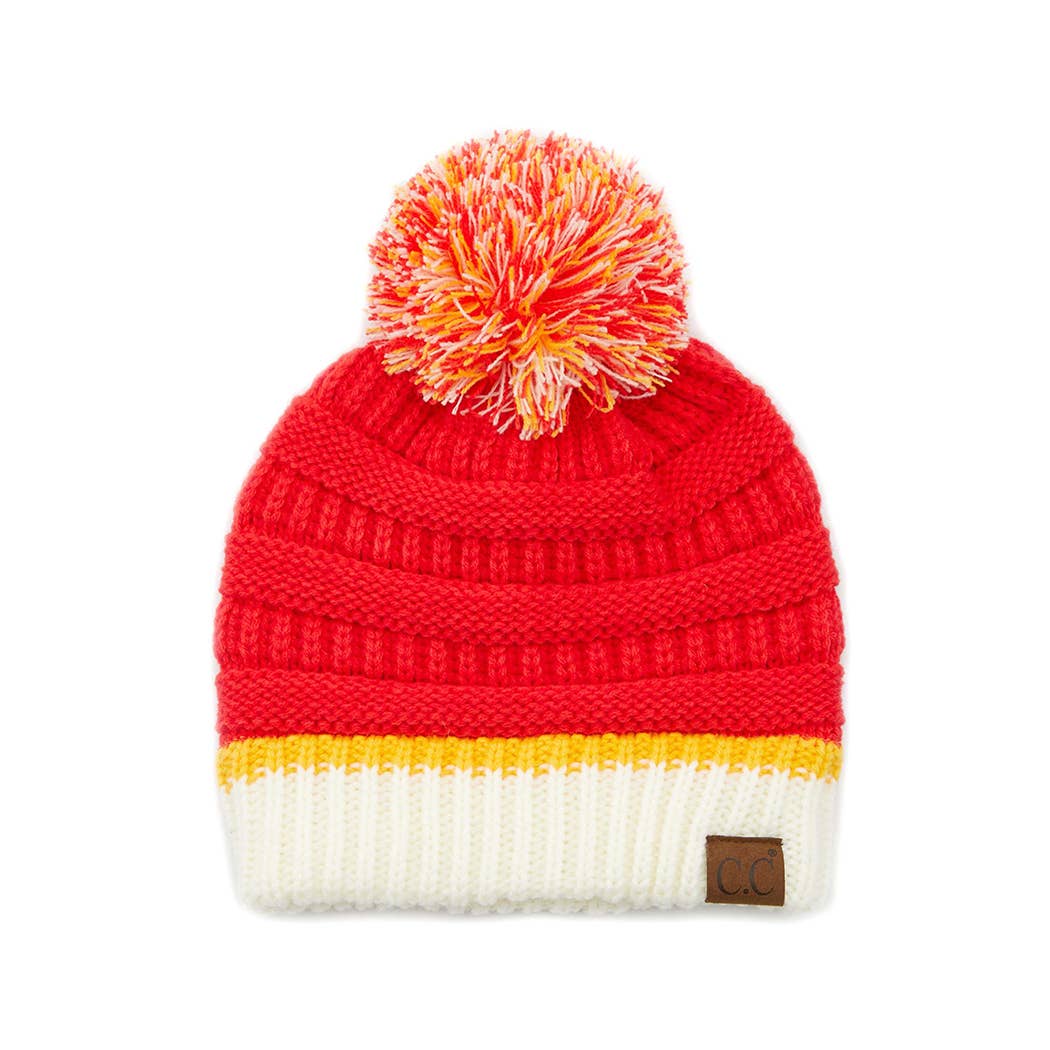 Colorblock Ribbed Beanie with Pom Pom