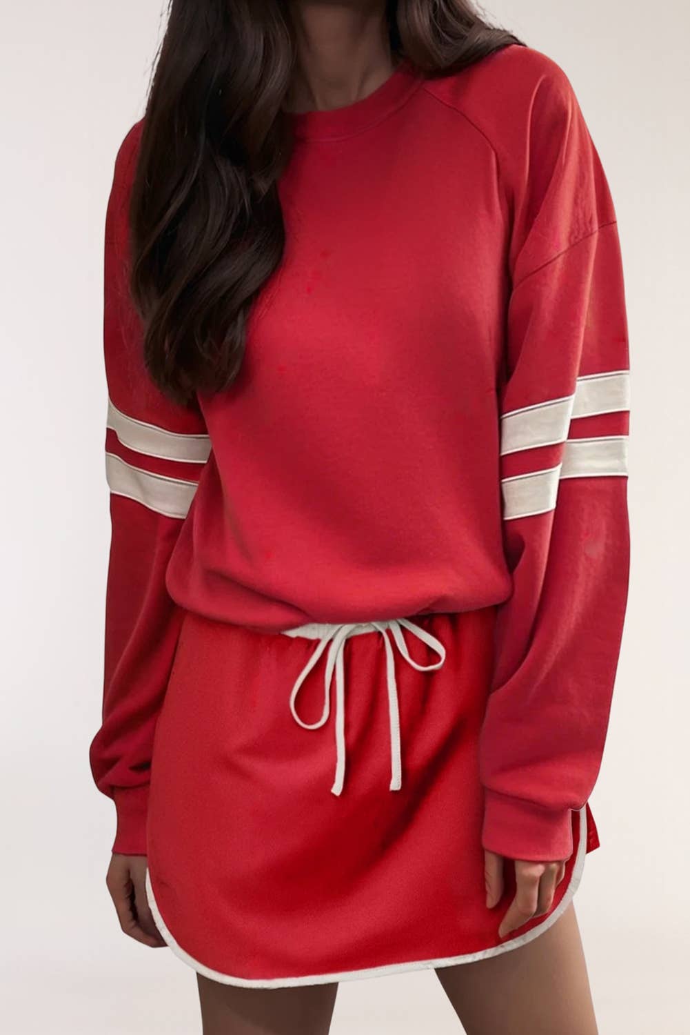 Varsity Stripe Detail Drop Shoulder Pullover Mini Skirt Set