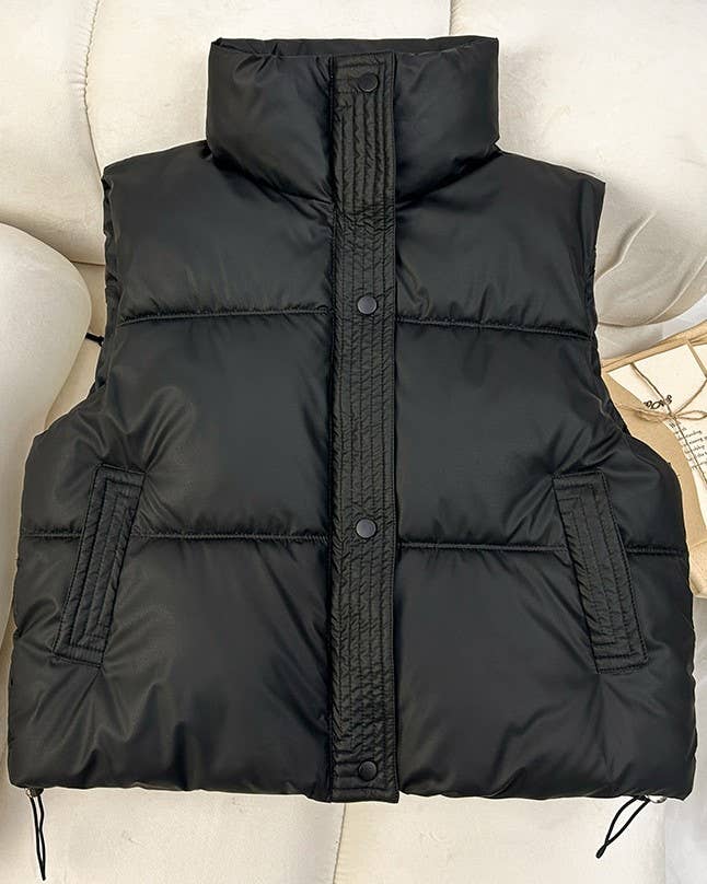 Snap Button Zip Up High Neck Pocket Puffer Vest