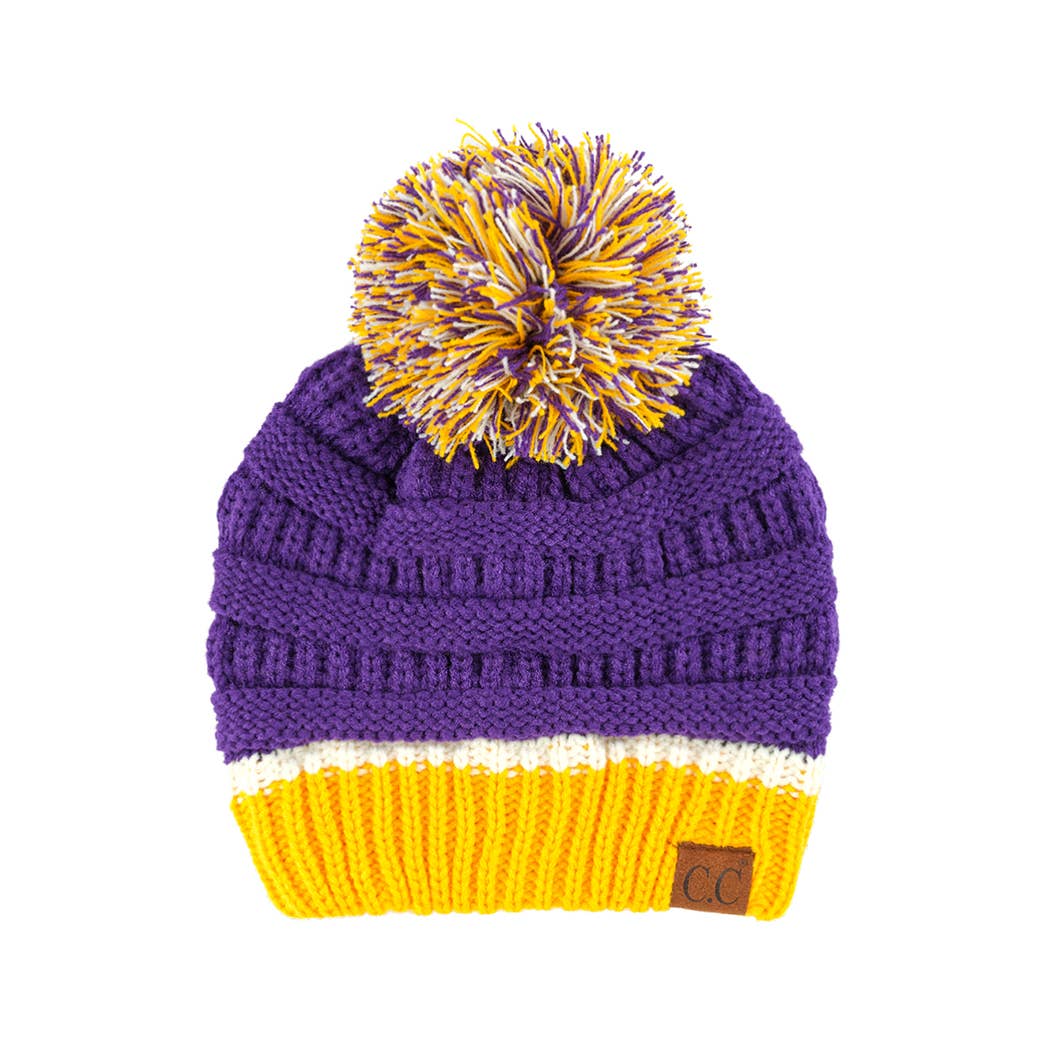 Colorblock Ribbed Beanie with Pom Pom
