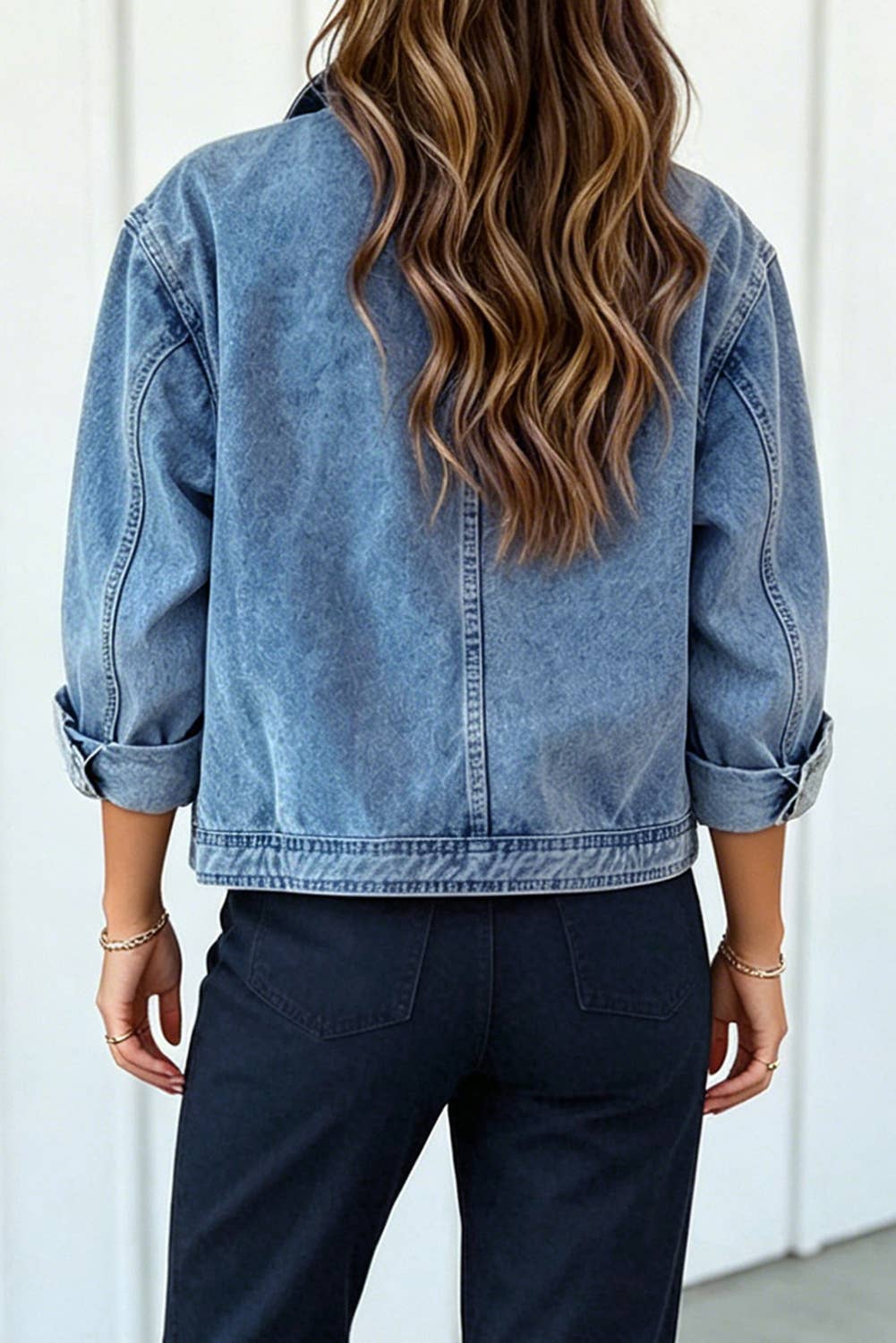 Metal Zipper Rivet Pockets Collar Denim Jacket