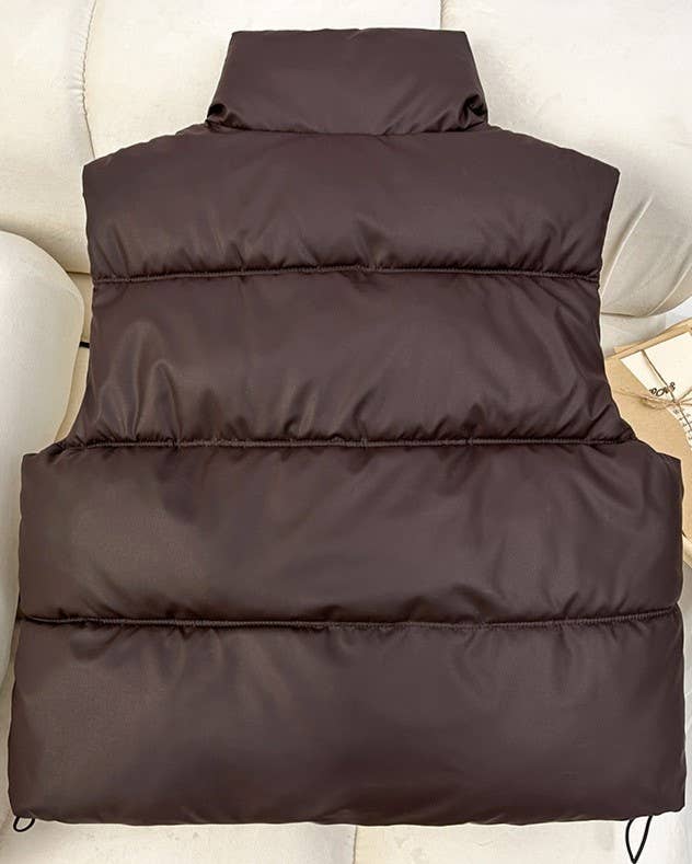 Snap Button Zip Up High Neck Pocket Puffer Vest