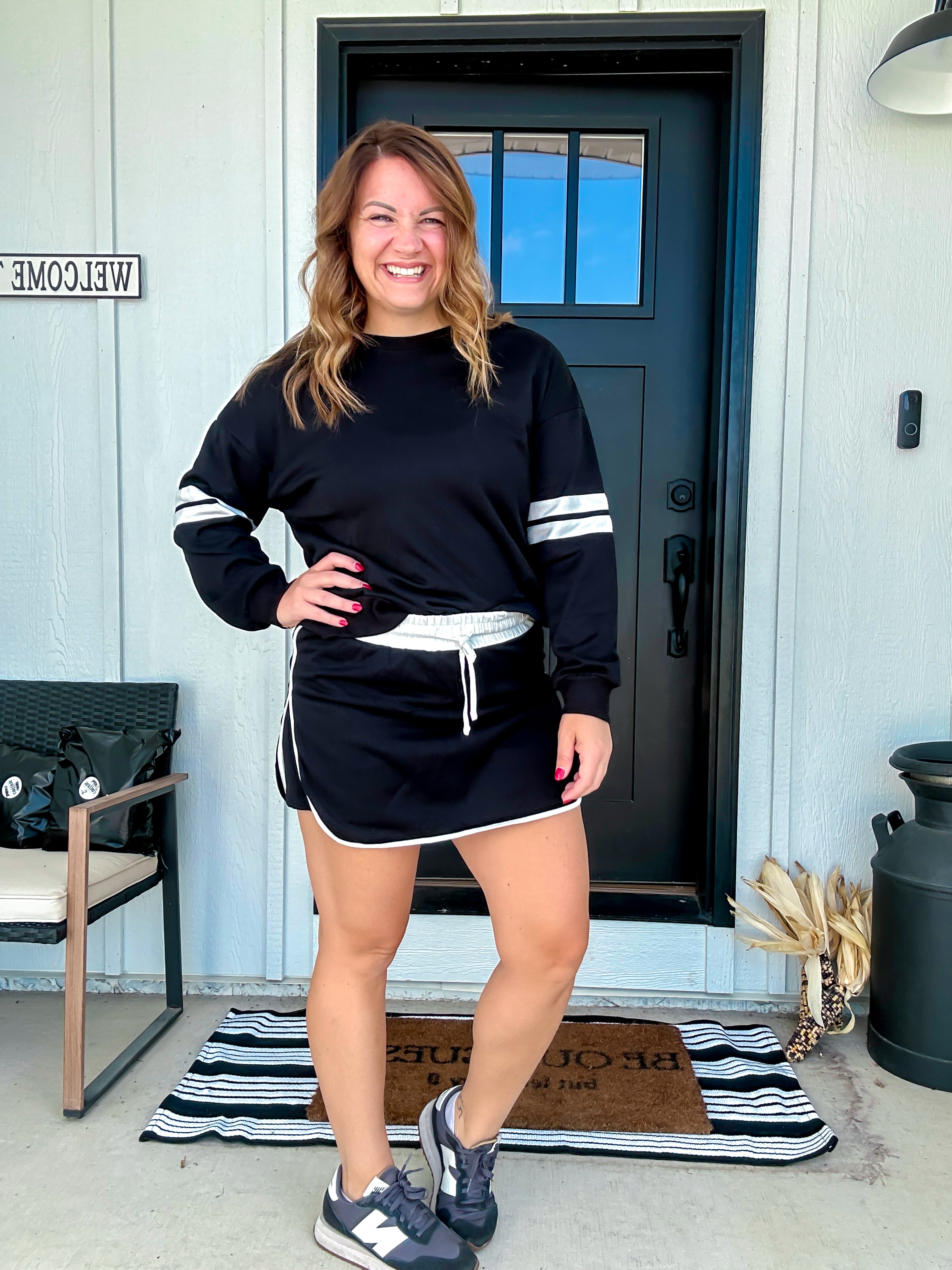 Varsity Stripe Detail Drop Shoulder Pullover Mini Skirt Set