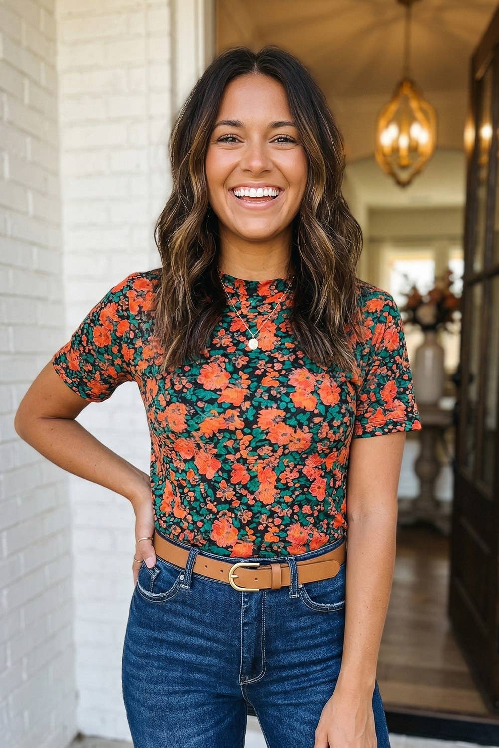Retro Floral Printed Mesh Top