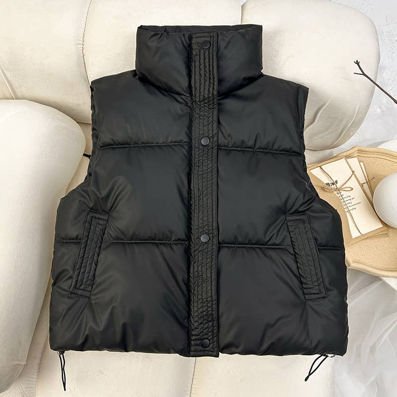 Snap Button Zip Up High Neck Pocket Puffer Vest