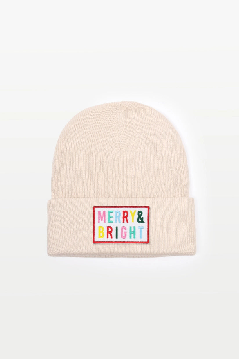 Merry & Bright Embroidery Patch Christmas Beanie