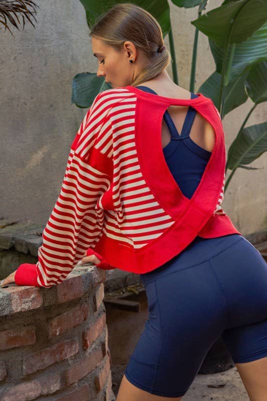 Long Sleeve Striped Open Back Top