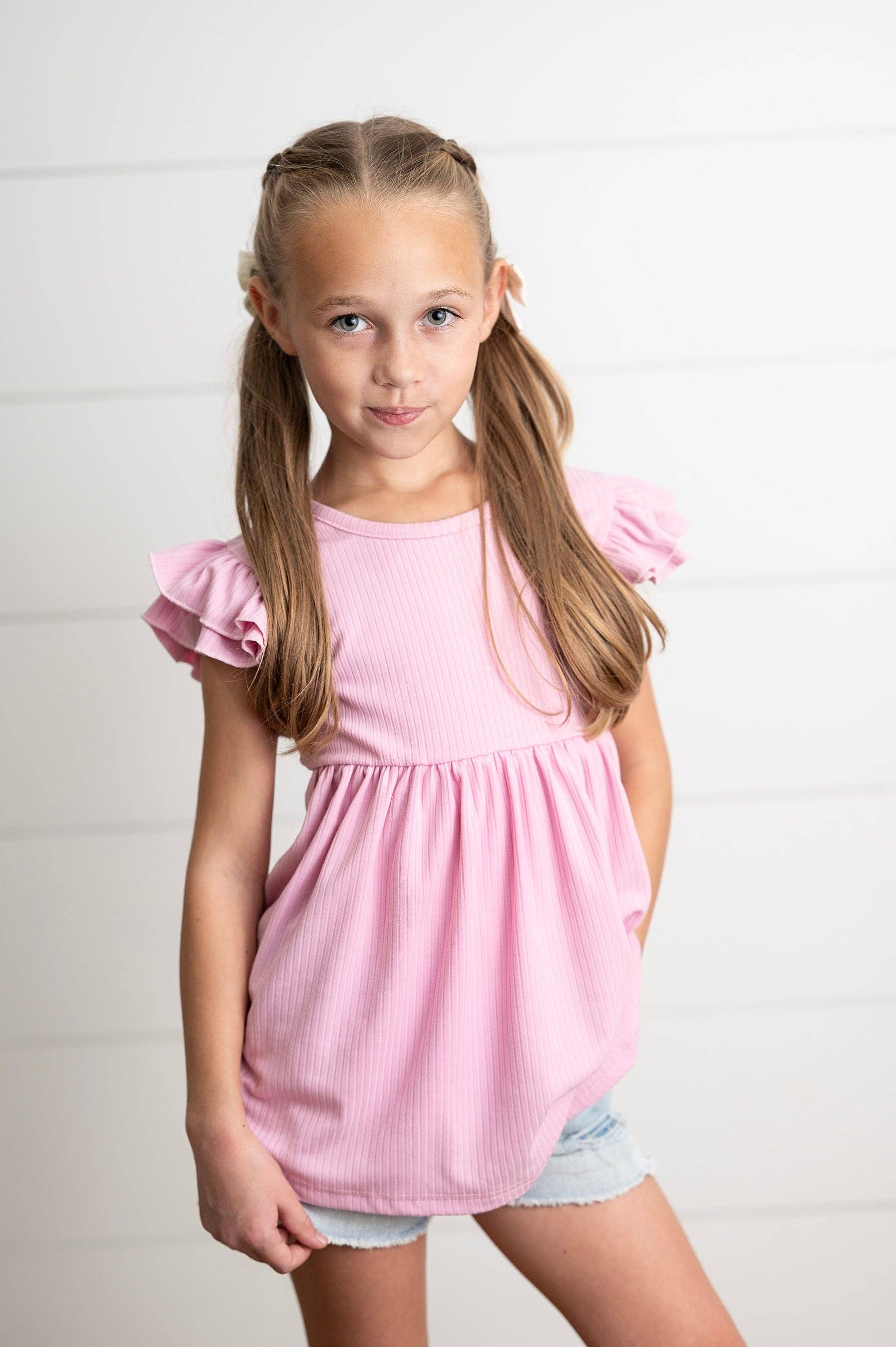 Girls Ribbed Double Ruffle Flutter Sleeve Shirt