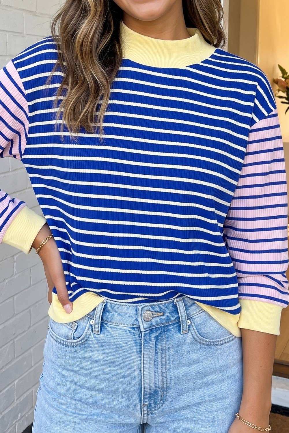 Sarah Striped Colorblock Mock Neck Sweatshirt
