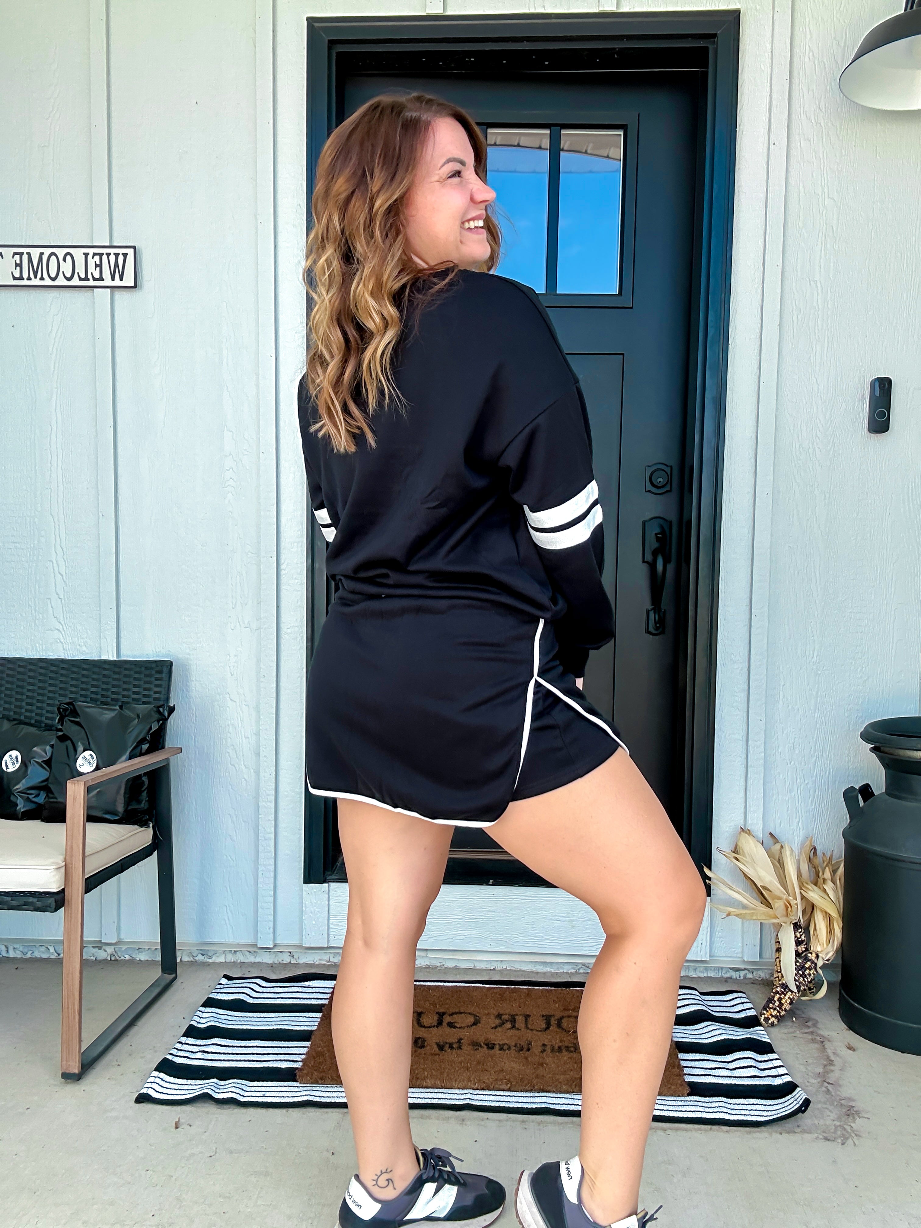 Varsity Stripe Detail Drop Shoulder Pullover Mini Skirt Set