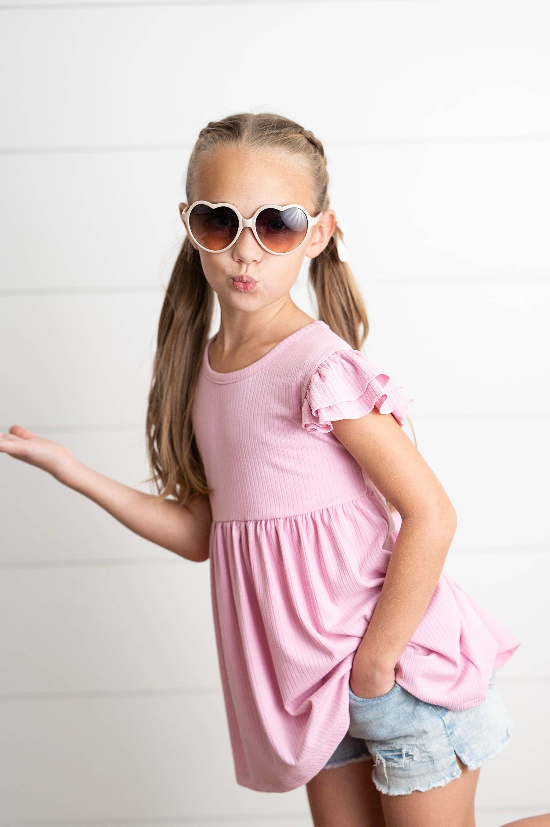 Girls Ribbed Double Ruffle Flutter Sleeve Shirt