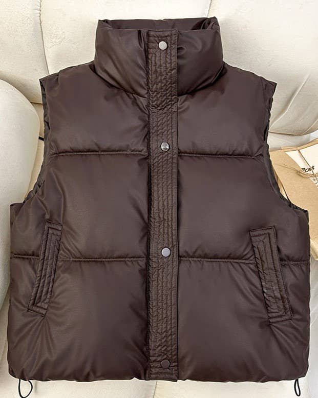 Snap Button Zip Up High Neck Pocket Puffer Vest