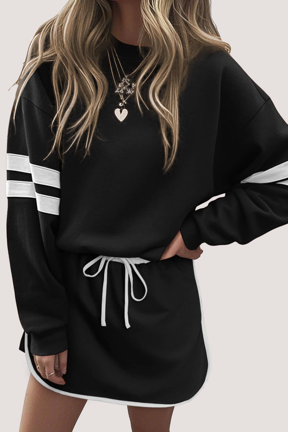 Varsity Stripe Detail Drop Shoulder Pullover Mini Skirt Set