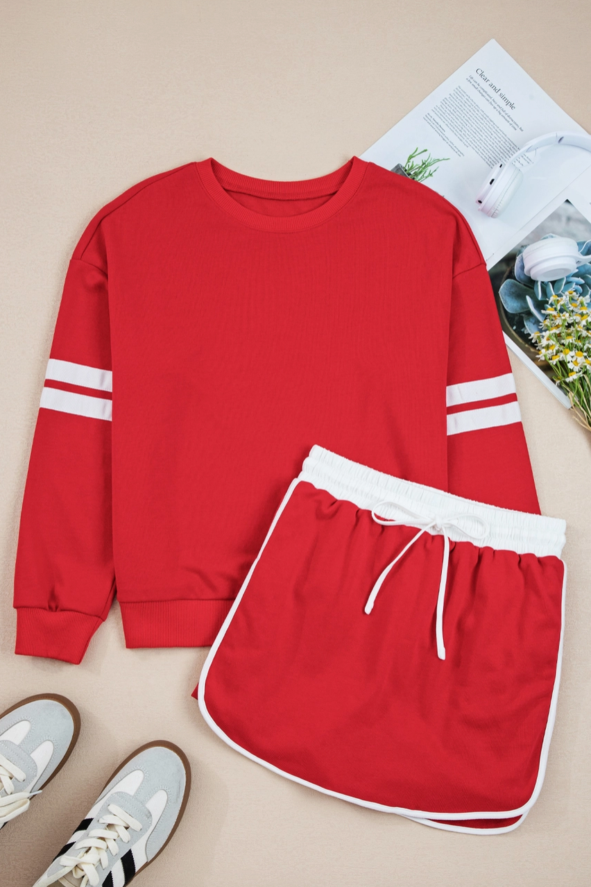 Varsity Stripe Detail Drop Shoulder Pullover Mini Skirt Set