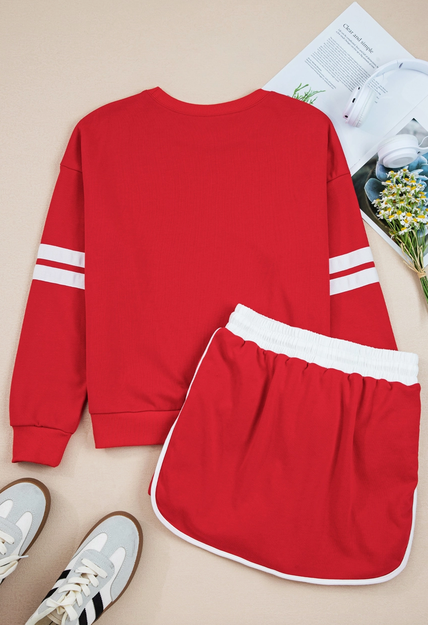 Varsity Stripe Detail Drop Shoulder Pullover Mini Skirt Set