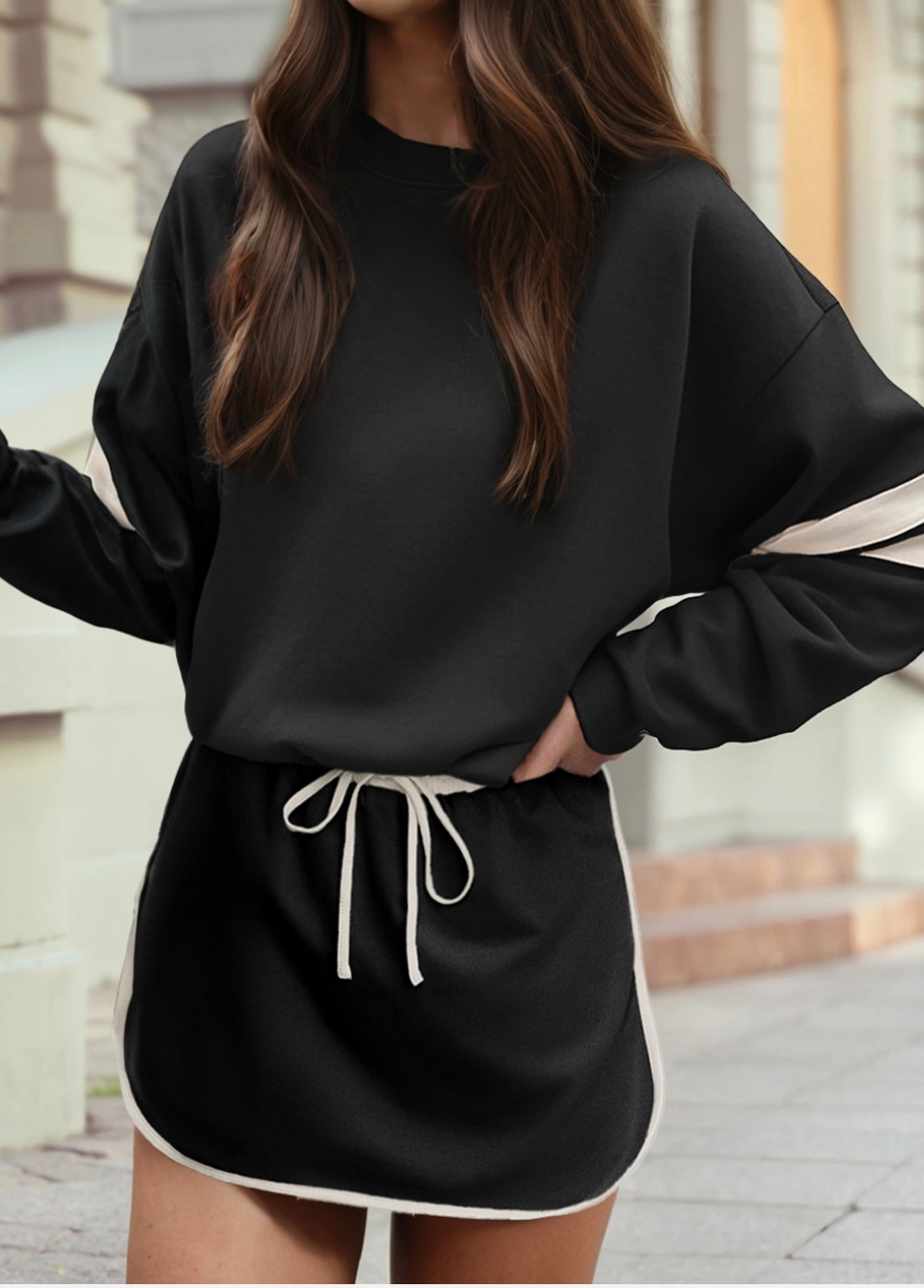 Varsity Stripe Detail Drop Shoulder Pullover Mini Skirt Set