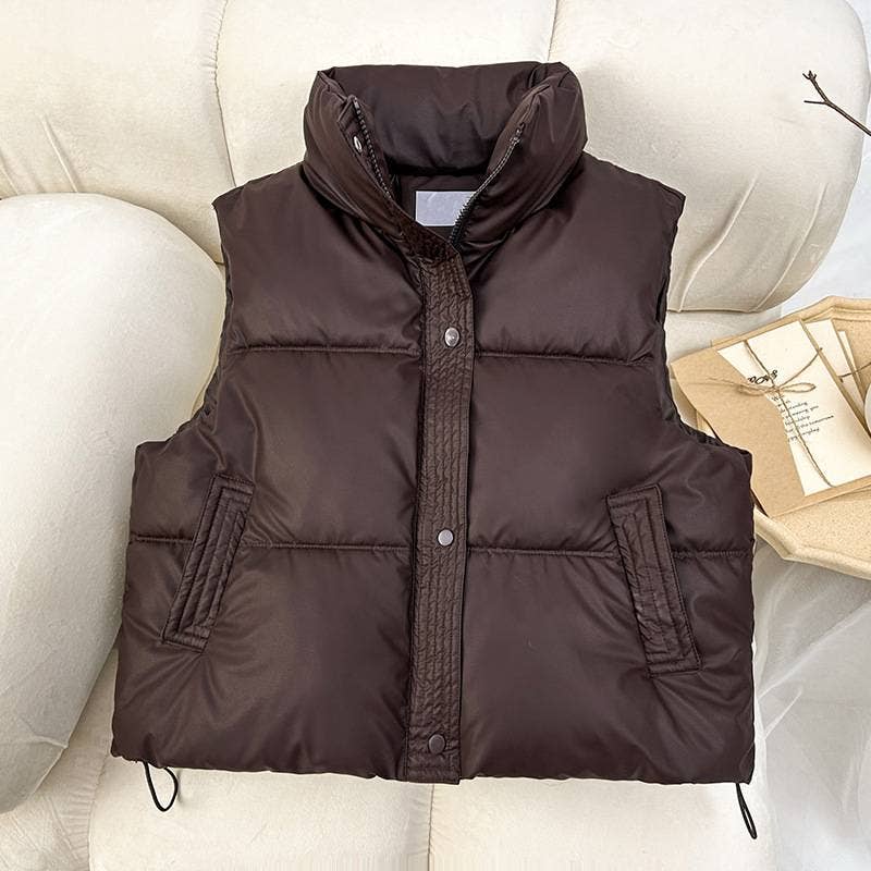 Snap Button Zip Up High Neck Pocket Puffer Vest