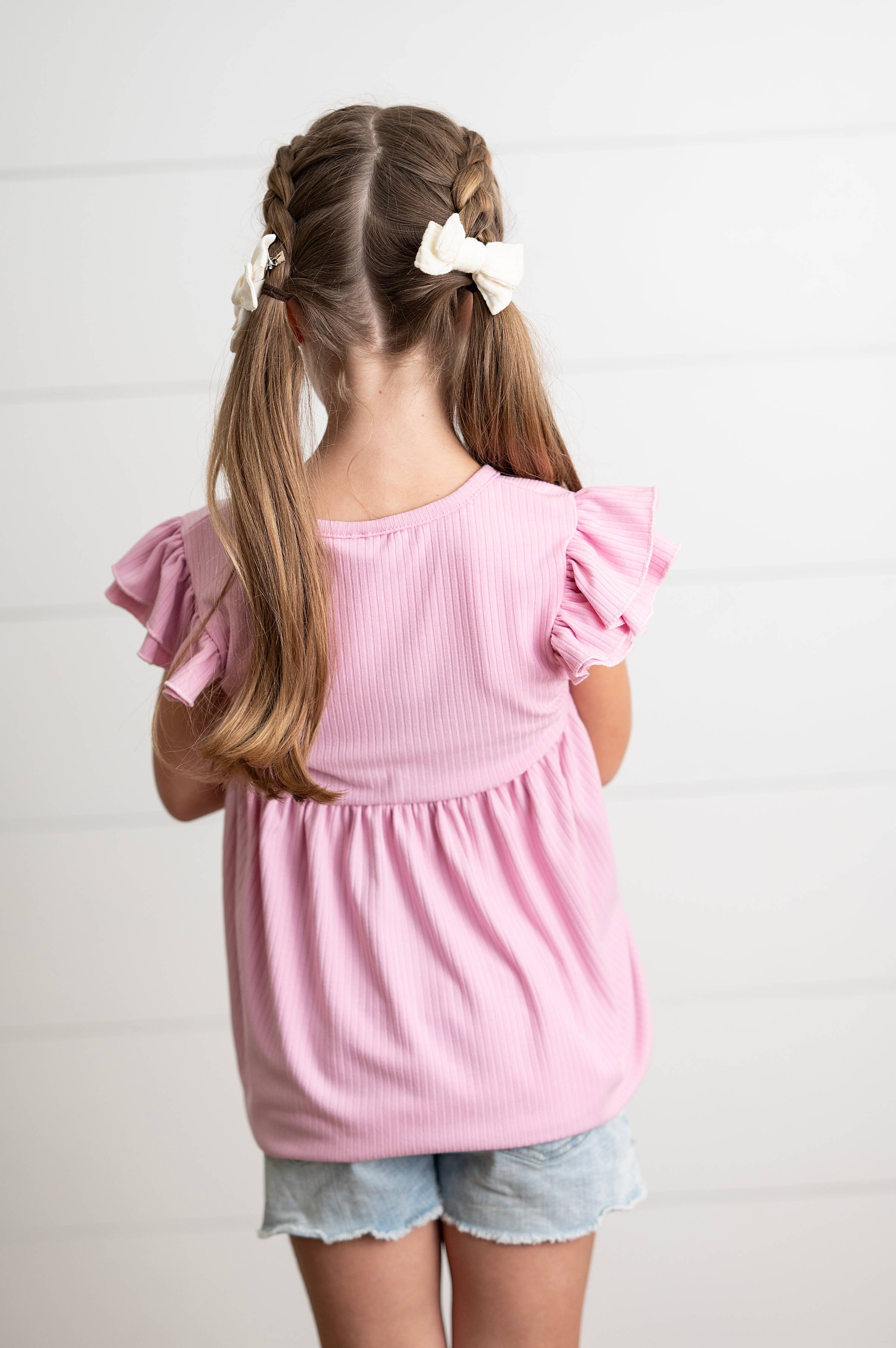 Girls Ribbed Double Ruffle Flutter Sleeve Shirt