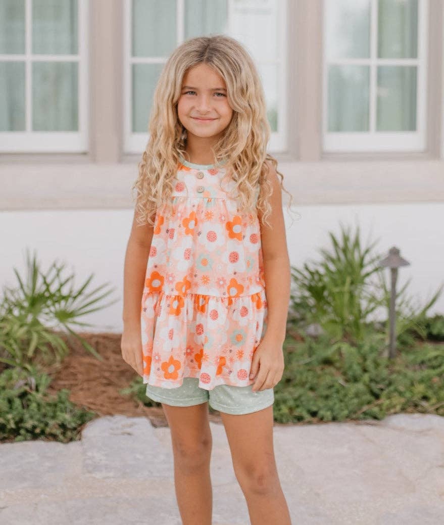 Girls Retro Flower Summer Short Set