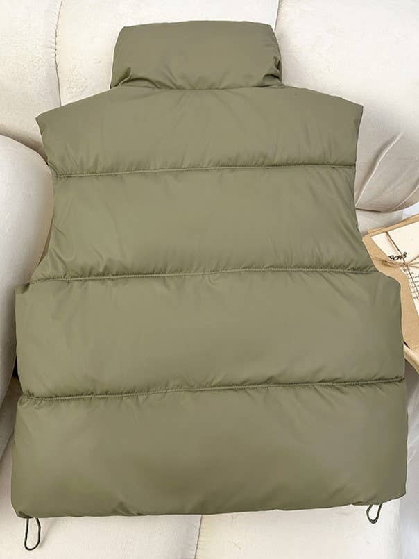 Snap Button Zip Up High Neck Pocket Puffer Vest