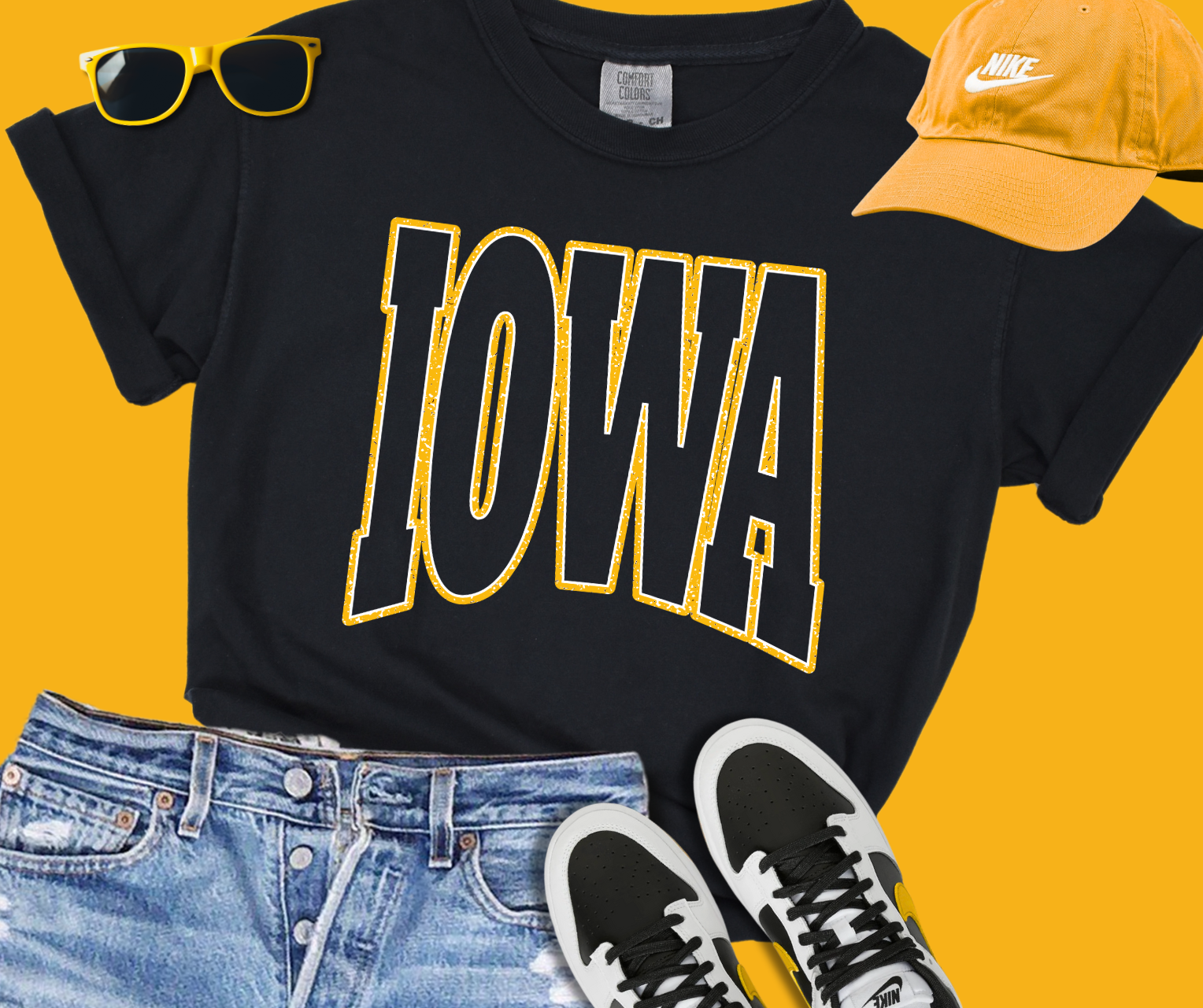 Gold/White IA State Text Black Tee