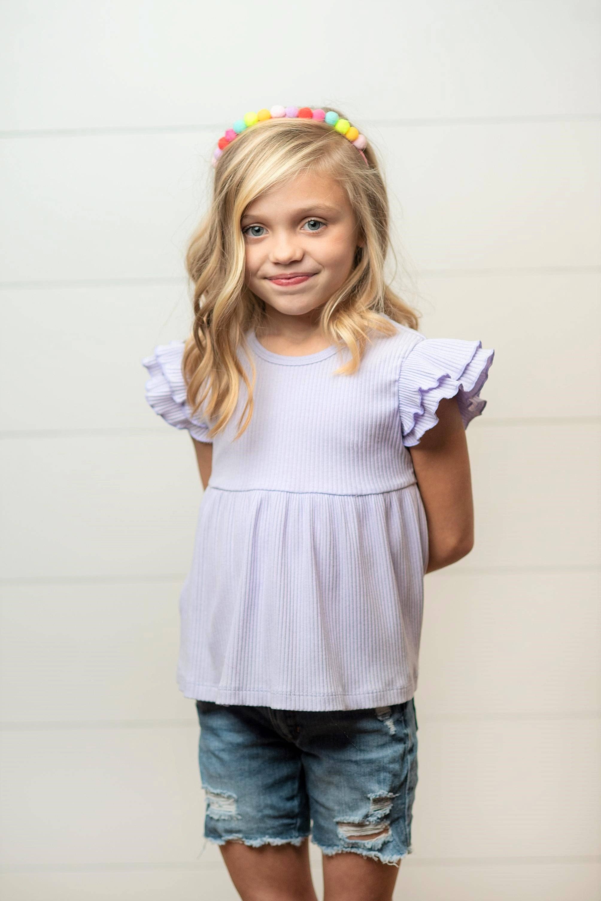 Girls Ribbed Double Ruffle Flutter Sleeve Shirt