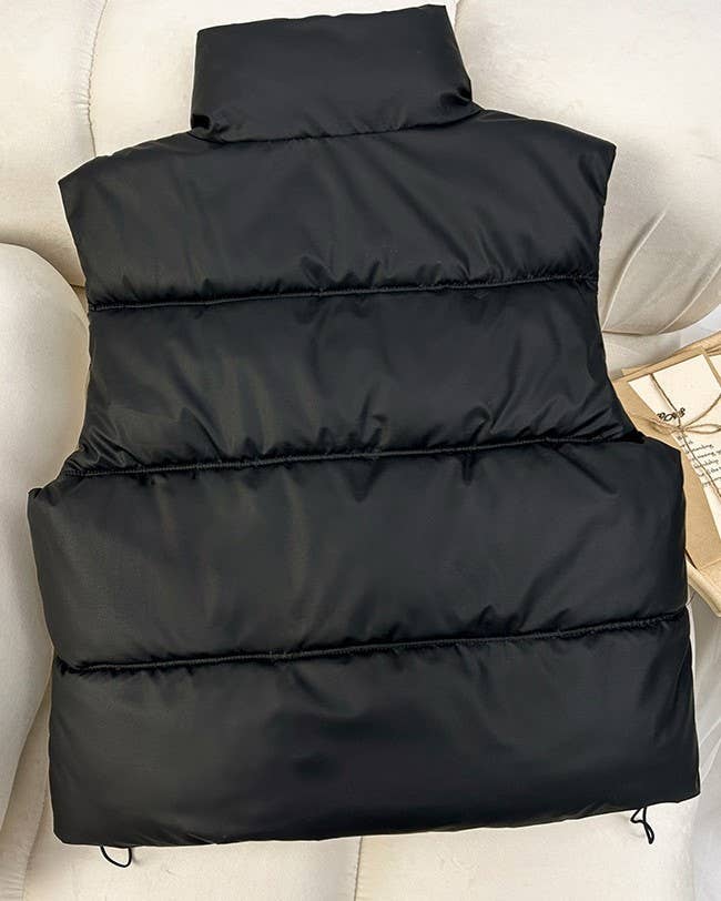 Snap Button Zip Up High Neck Pocket Puffer Vest