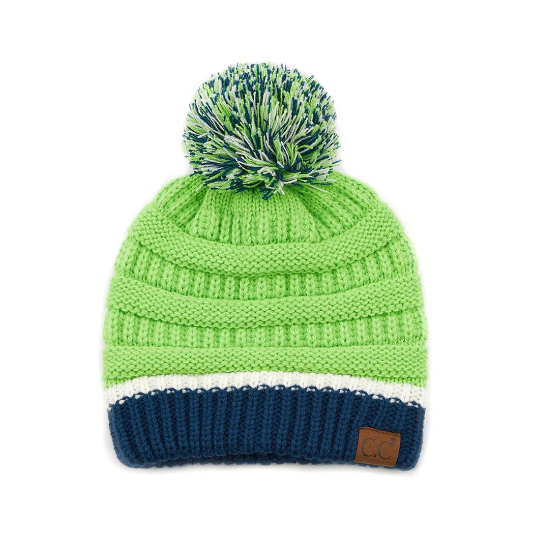 Colorblock Ribbed Beanie with Pom Pom