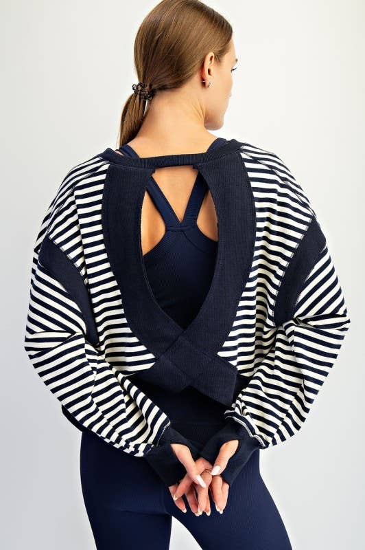 Long Sleeve Striped Open Back Top