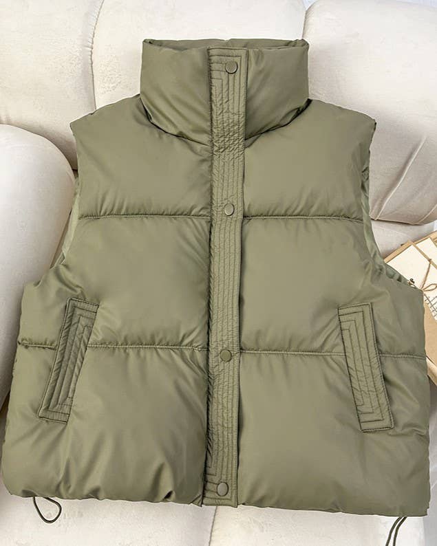 Snap Button Zip Up High Neck Pocket Puffer Vest